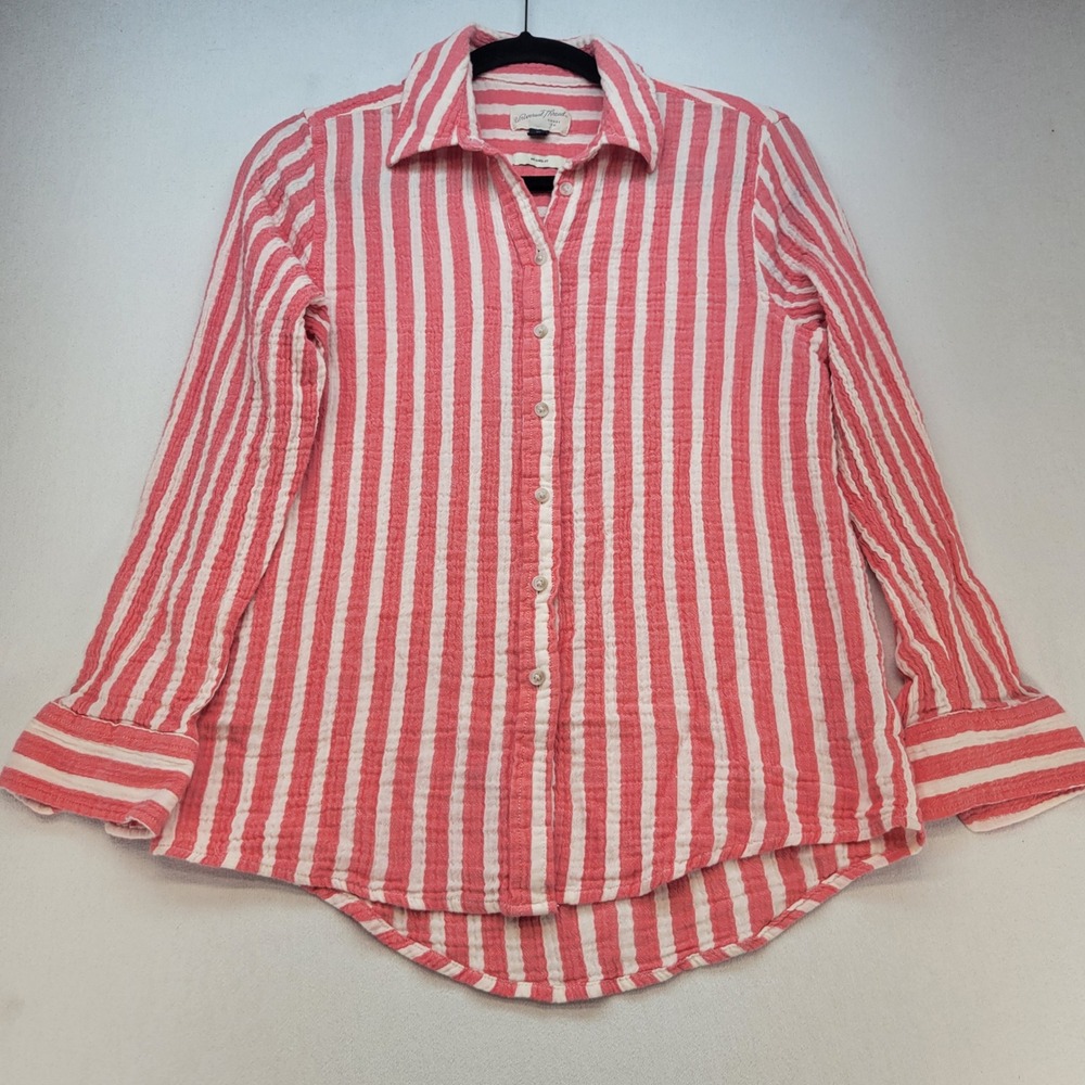 Universal Thread Button Down Women XS Pink Salmon Stripe Relaxed Fit Gauze Shirt